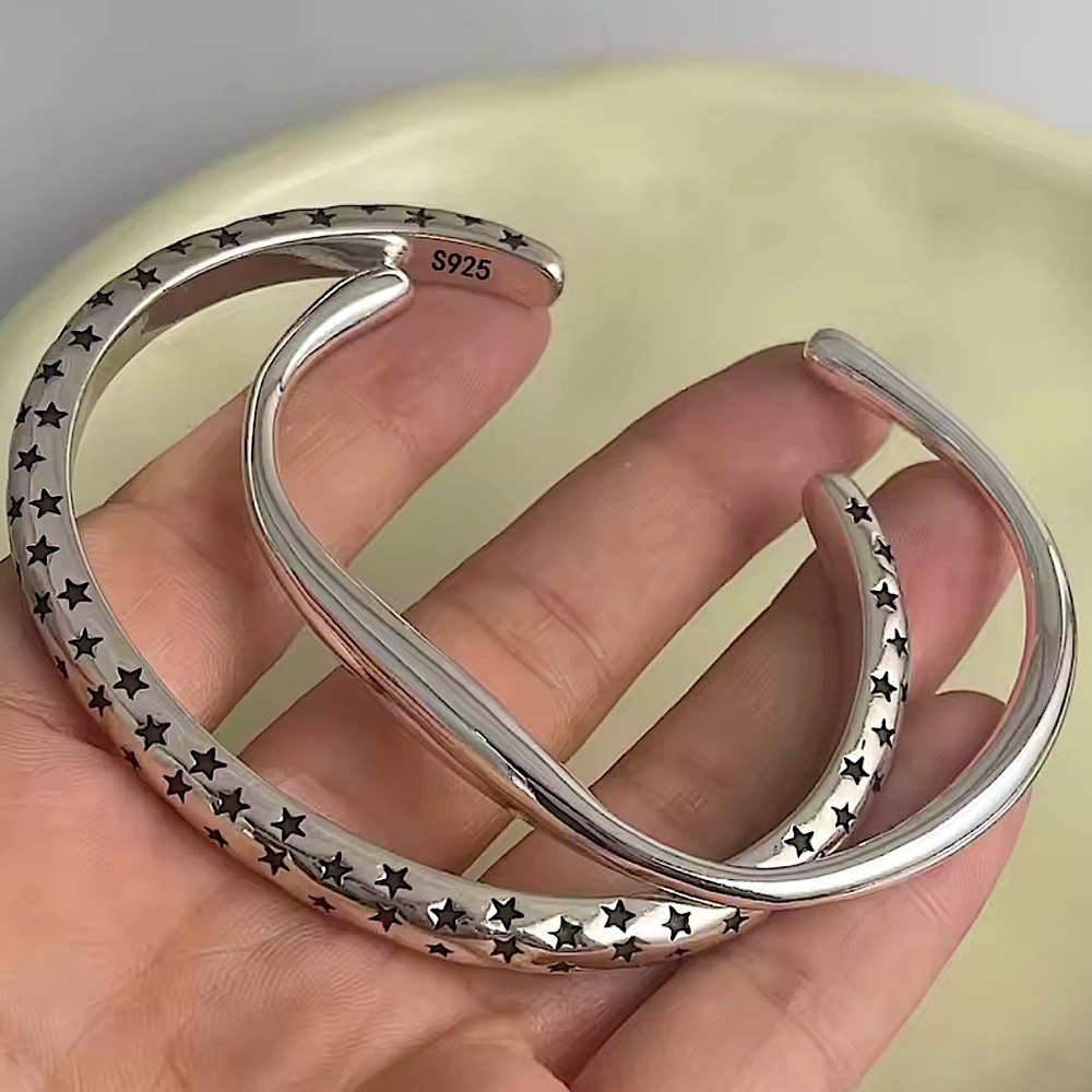 Silver Stackable Star Irregular Bangle Bracelet Set Sterling Silver